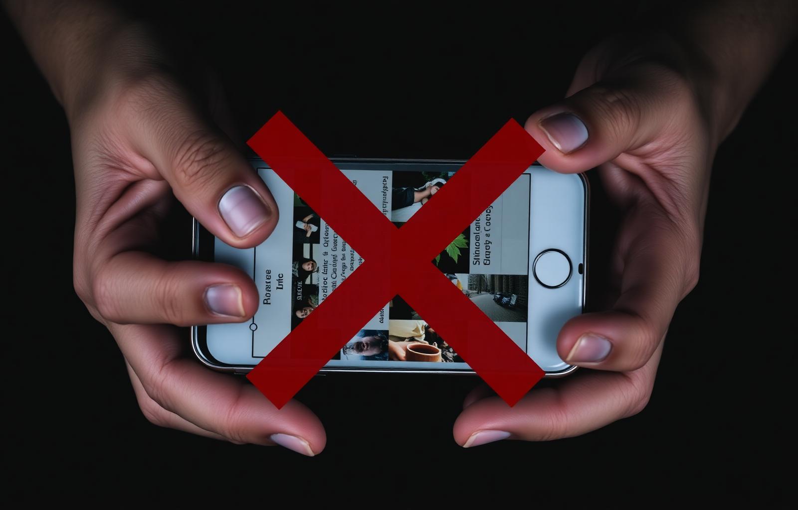 Close-up of two hands holding a smartphone open to a social media feed with a bold red X overlay across the screen warning against posting after a car accident — why social media is one of the most common car insurance claim mistakes