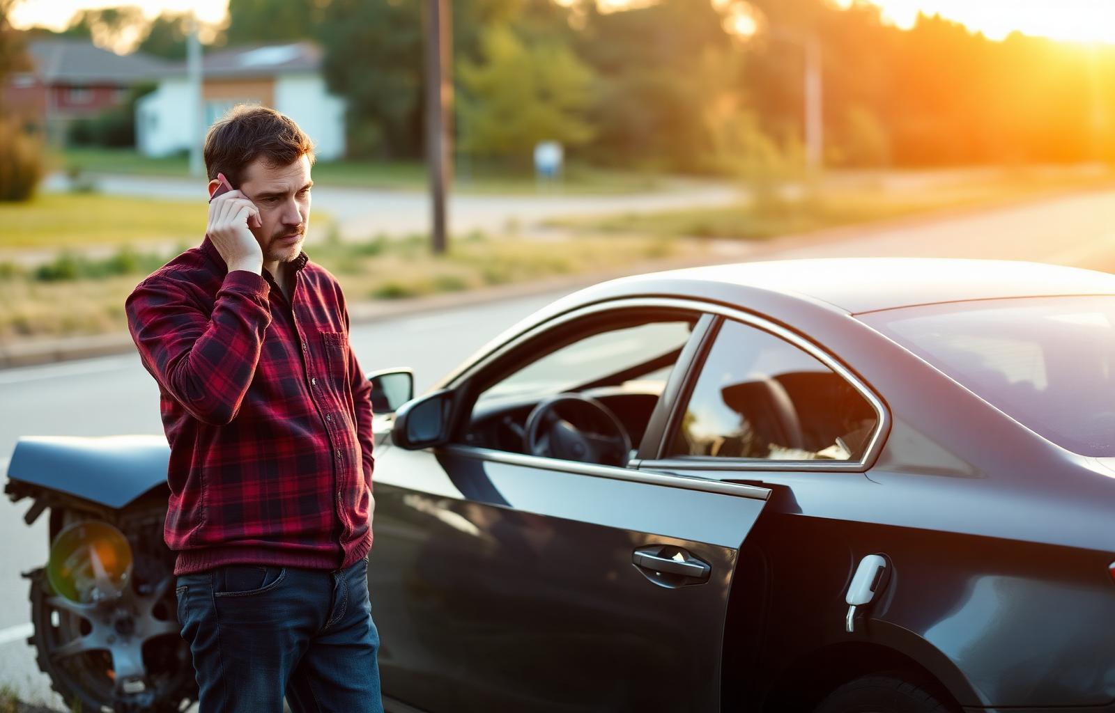 Stressed driver on the phone with insurer next to damaged car after being hit by uninsured motorist