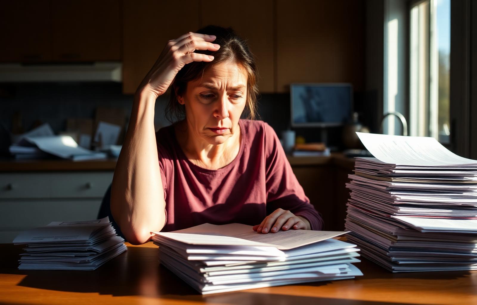 Stressed accident victim reviewing stacks of insurance and medical paperwork at home after a drunk driver crash