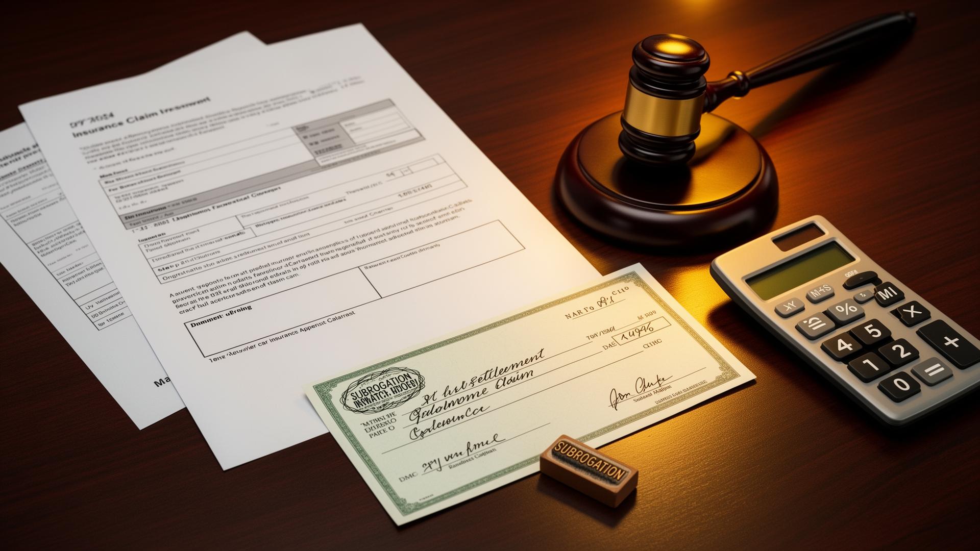 Insurance claim documents, a gavel, and a calculator on a polished dark wood desk with a subrogation stamp — what is subrogation in car insurance