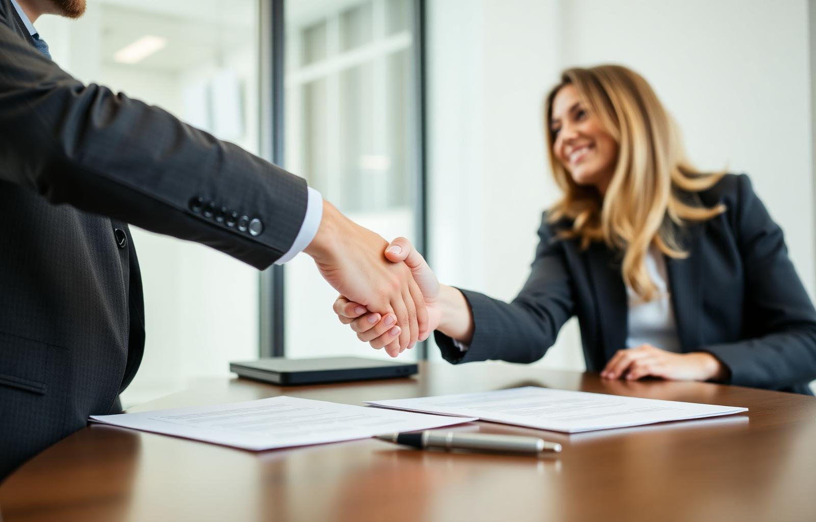 Two people shaking hands across an office desk after successfully negotiating a car accident insurance settlement, with signed release paperwork and pen on the desk — successful insurance settlement negotiation outcome