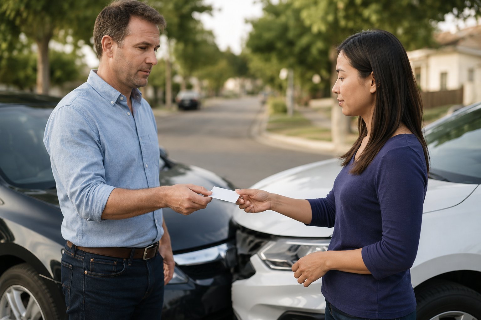 Two drivers exchanging insurance information after a minor car accident