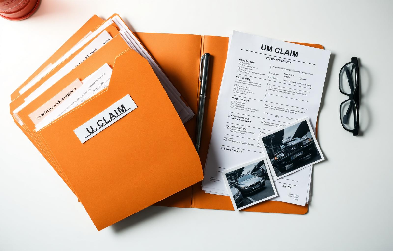 Overhead view of an organized uninsured motorist claim file folder with documents, damage photos, and a checklist
