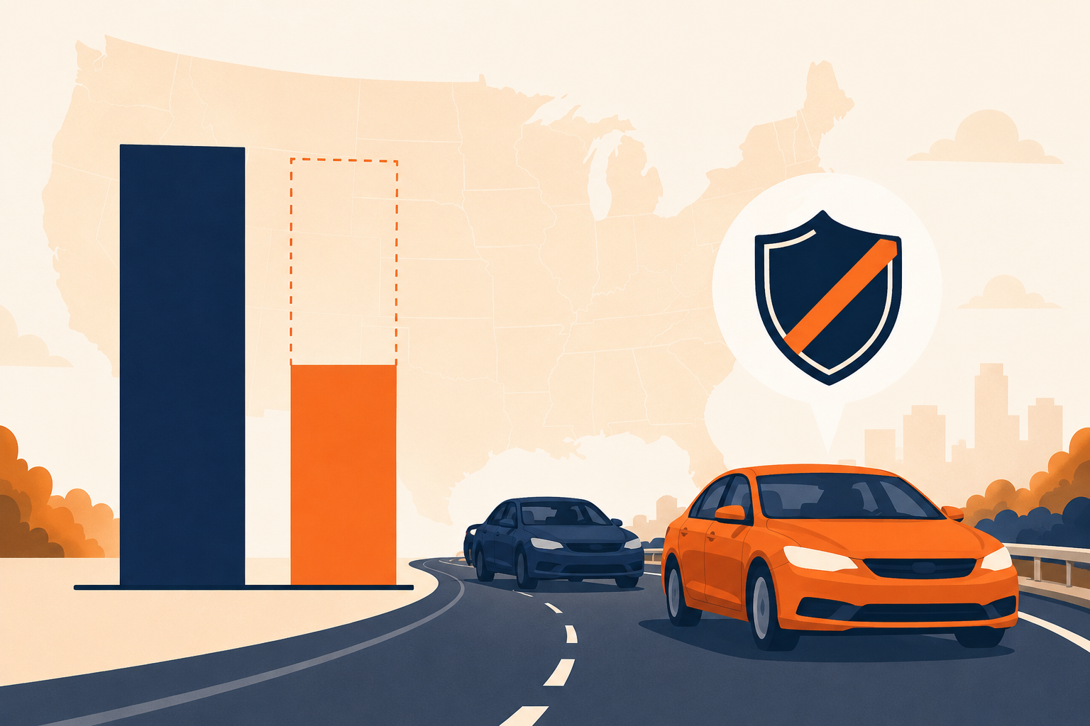 Illustration of insured and uninsured vehicles on a US highway — uninsured motorist coverage explained
