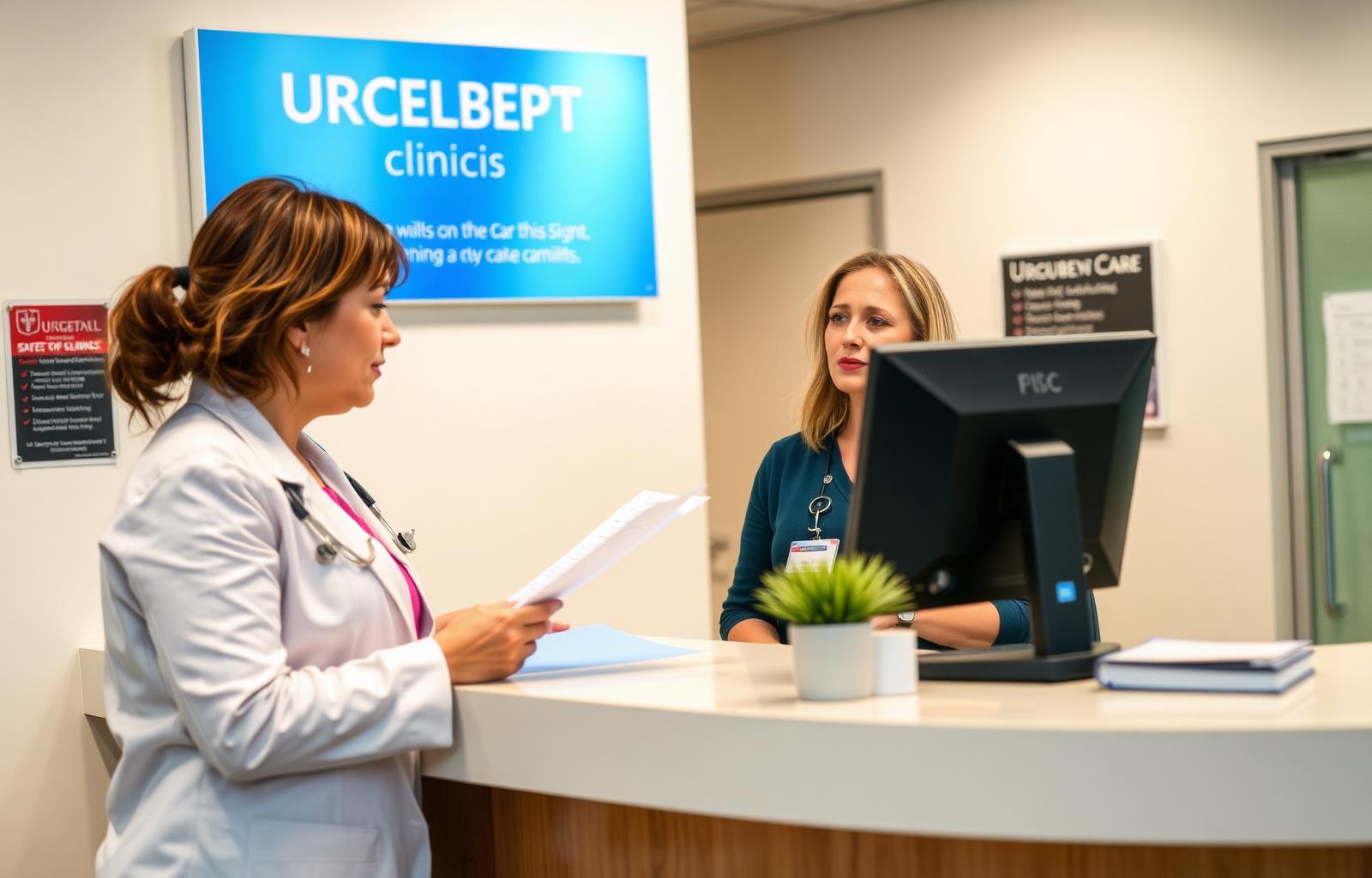 Woman checking in at an urgent care clinic reception desk the same day as her car accident, holding intake paperwork while the receptionist works at a computer — why same-day medical care is one of the most important steps to avoid common car insurance claim mistakes