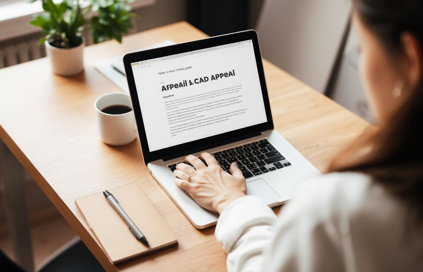 Person typing a formal car insurance appeal letter on a laptop at a tidy home office desk
