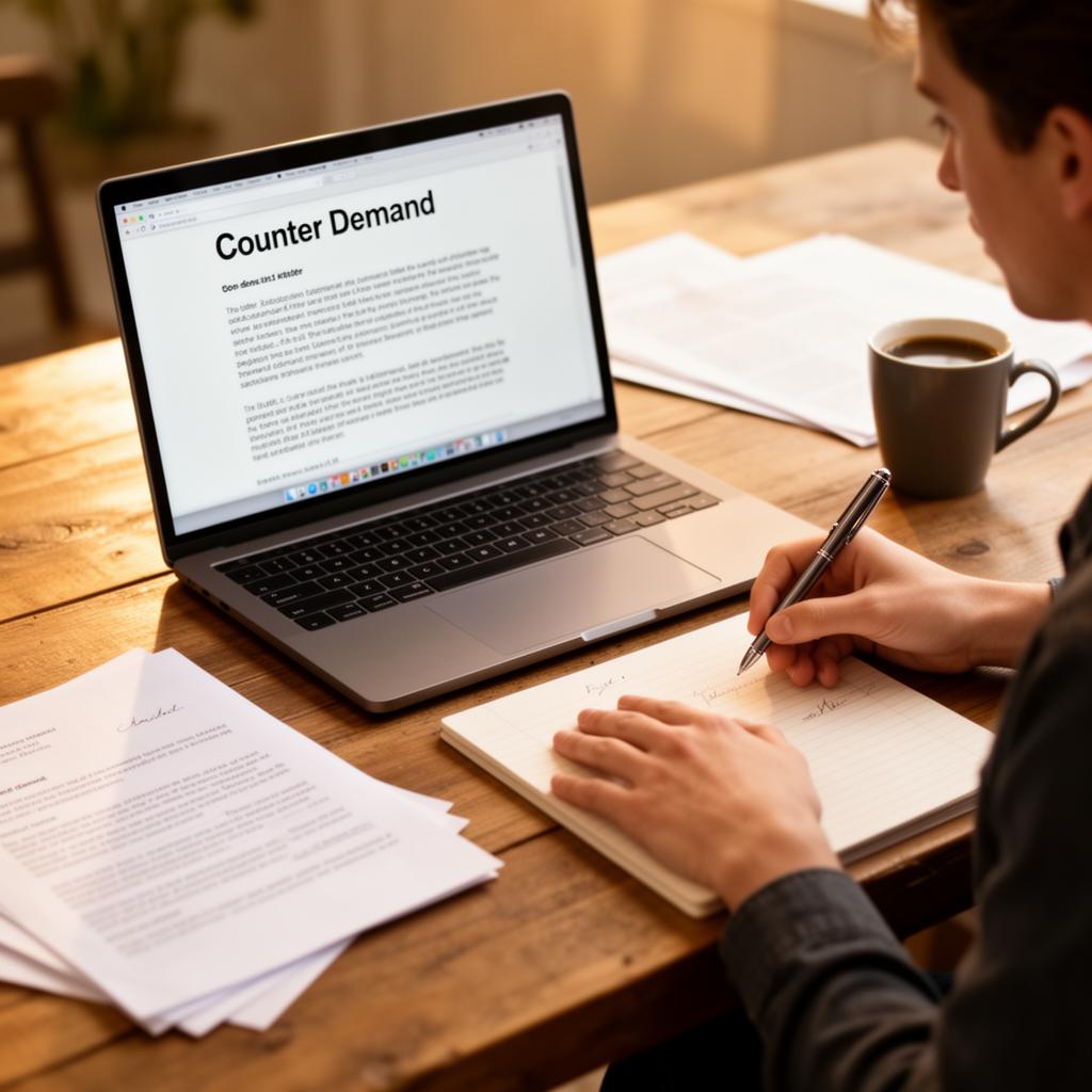 Person typing a formal counter demand letter on a laptop with organized folders of medical records, pay stubs and itemized damage receipts arranged beside them — how to write a counter demand letter responding to a lowball insurance settlement offer